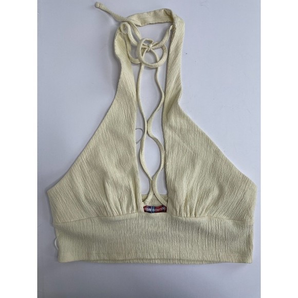 Urban Outfitters L Valeria Halter Cropped Top Cream Cutout Front Drawstring NWT - Picture 3 of 7